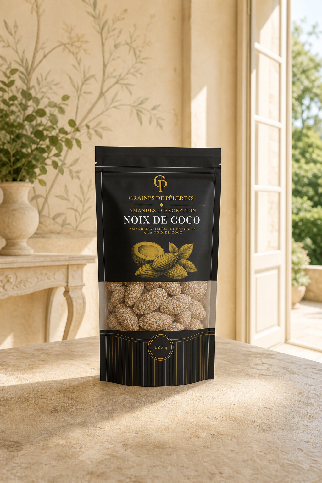 Sachet actuel d’Amandes d’Exception Noix de Coco sur pierre chaude avec amandes enrobées visibles