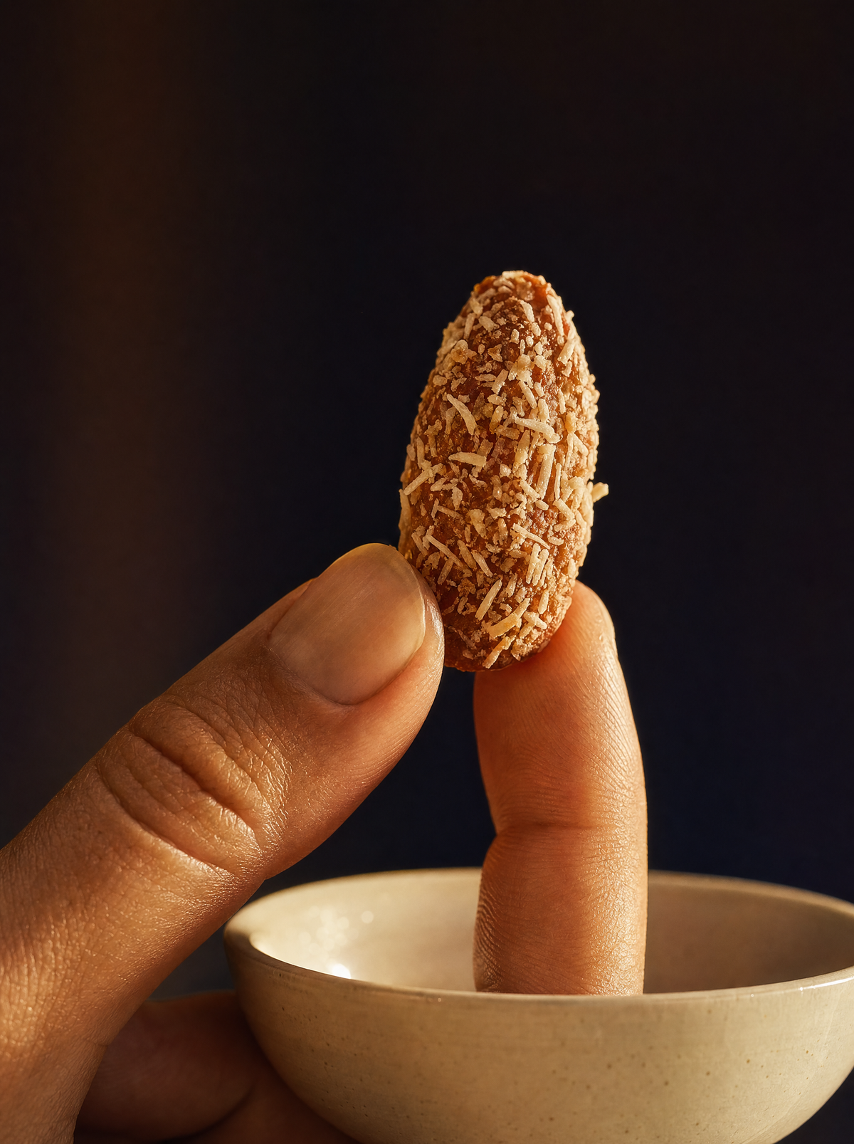 Macro van karamelkleurige kokosamandelen met ivoren schilfers