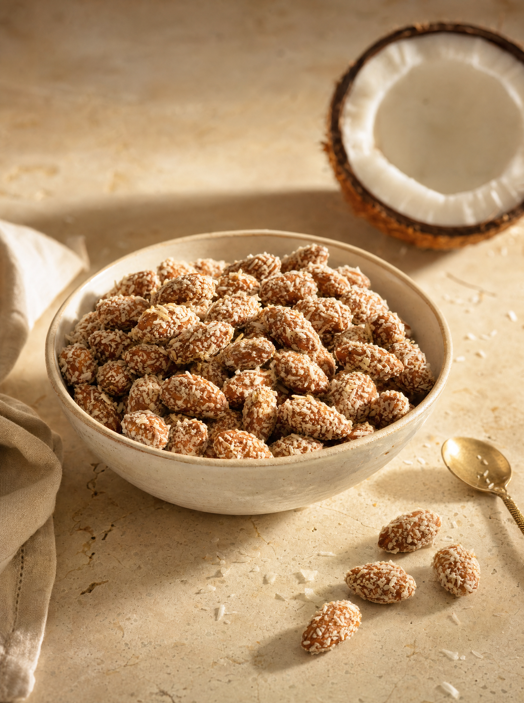Amandes Noix de Coco servies dans une coupe sous une lumière chaude