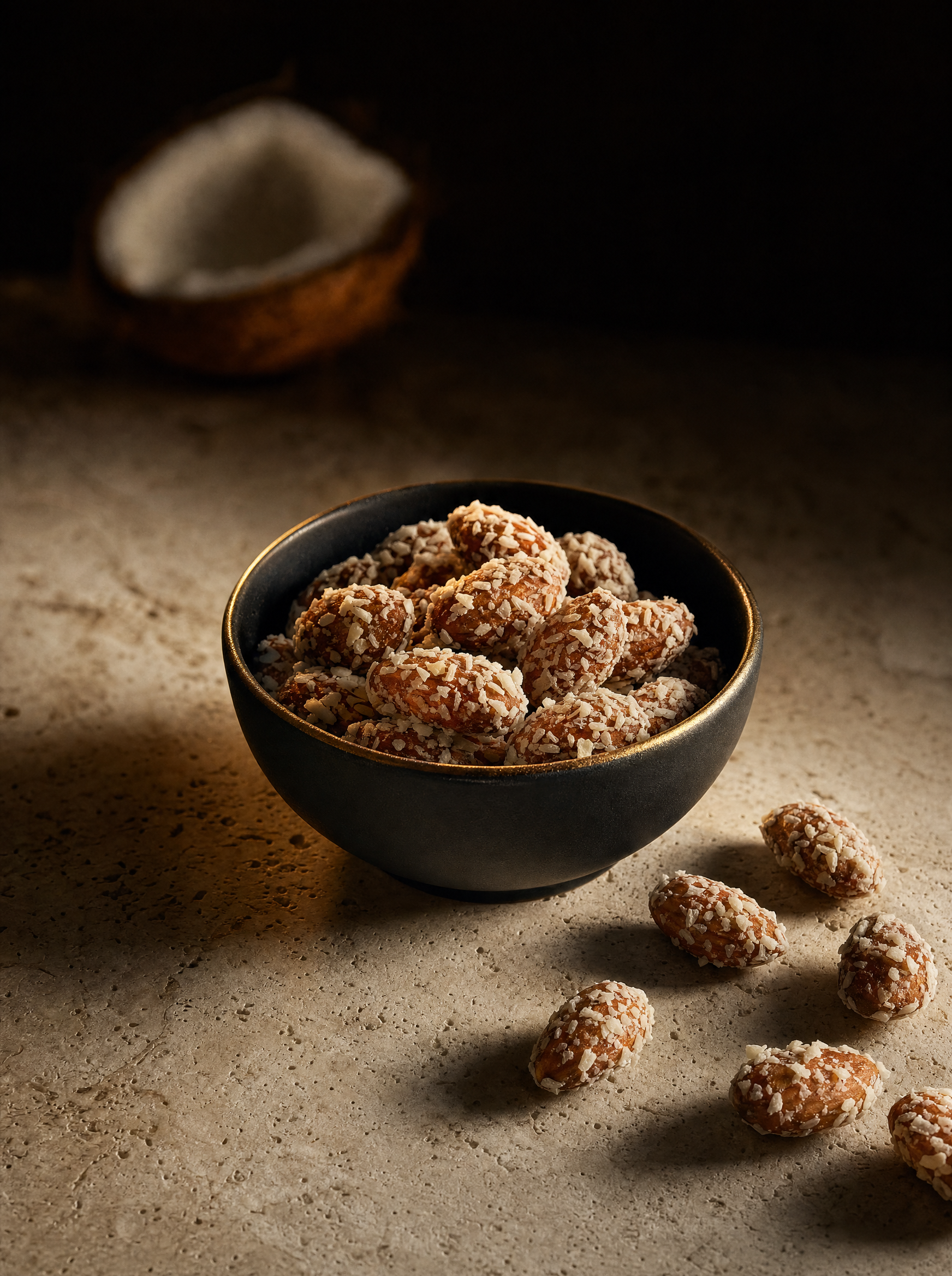 Amandes Noix de Coco dans une composition nocturne aux tons caramel et ivoire