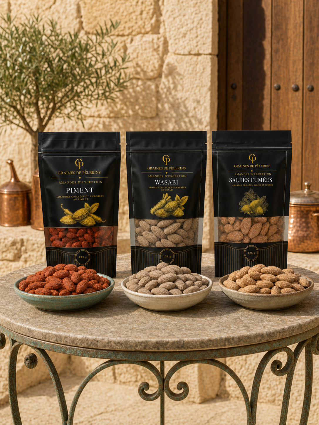 Sachets actuels Piment, Wasabi et Salées Fumées présentés ensemble