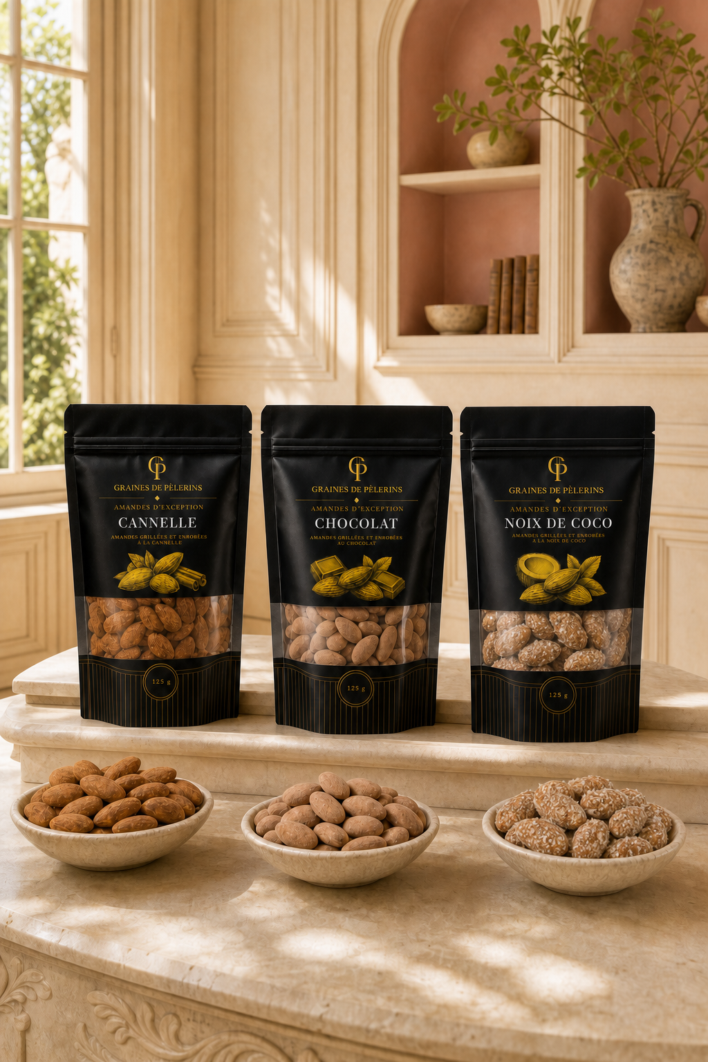 Sachets actuels Cannelle, Chocolat et Noix de Coco présentés ensemble
