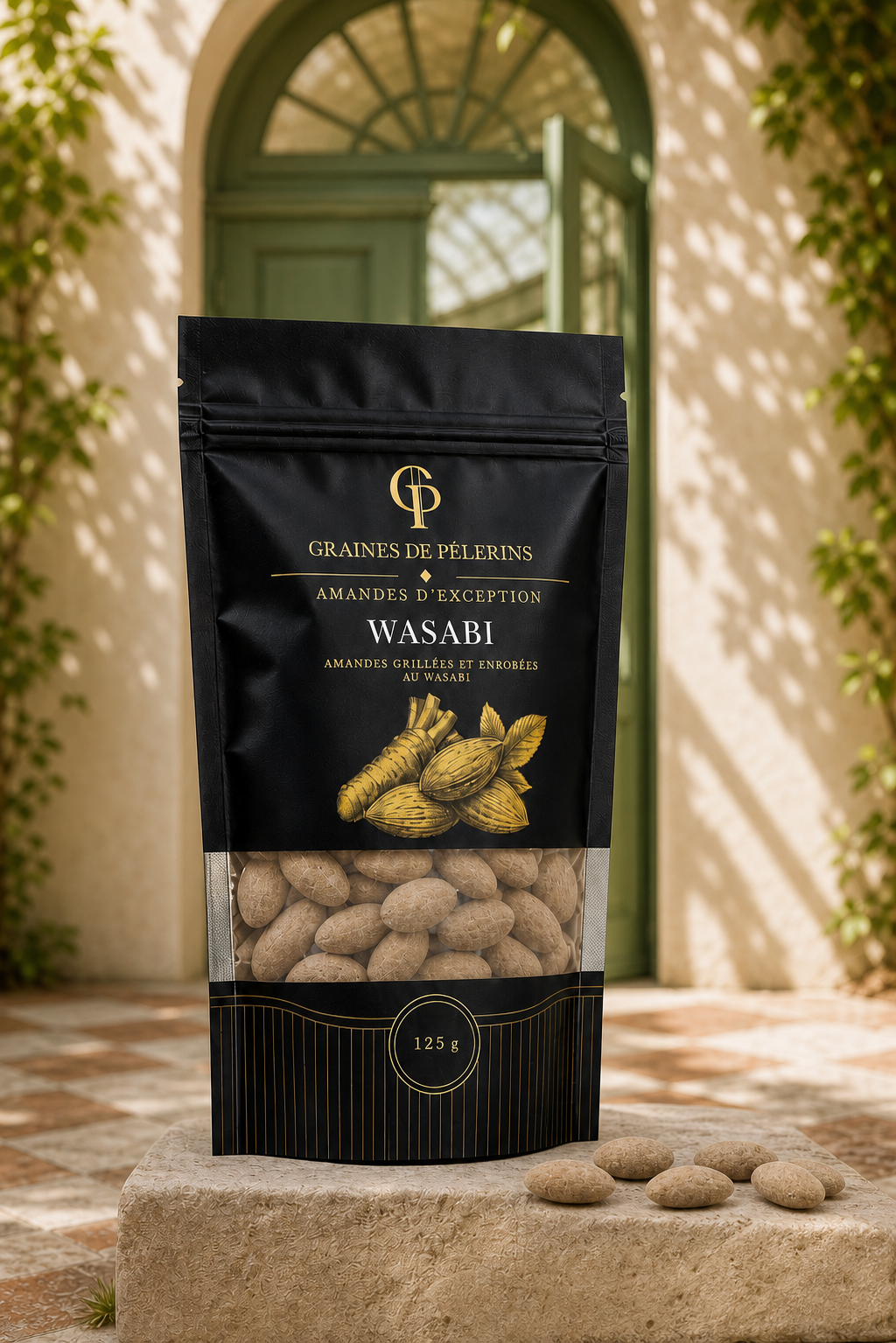 Sachet actuel d’Amandes d’Exception Wasabi avec amandes beige-taupe mates visibles