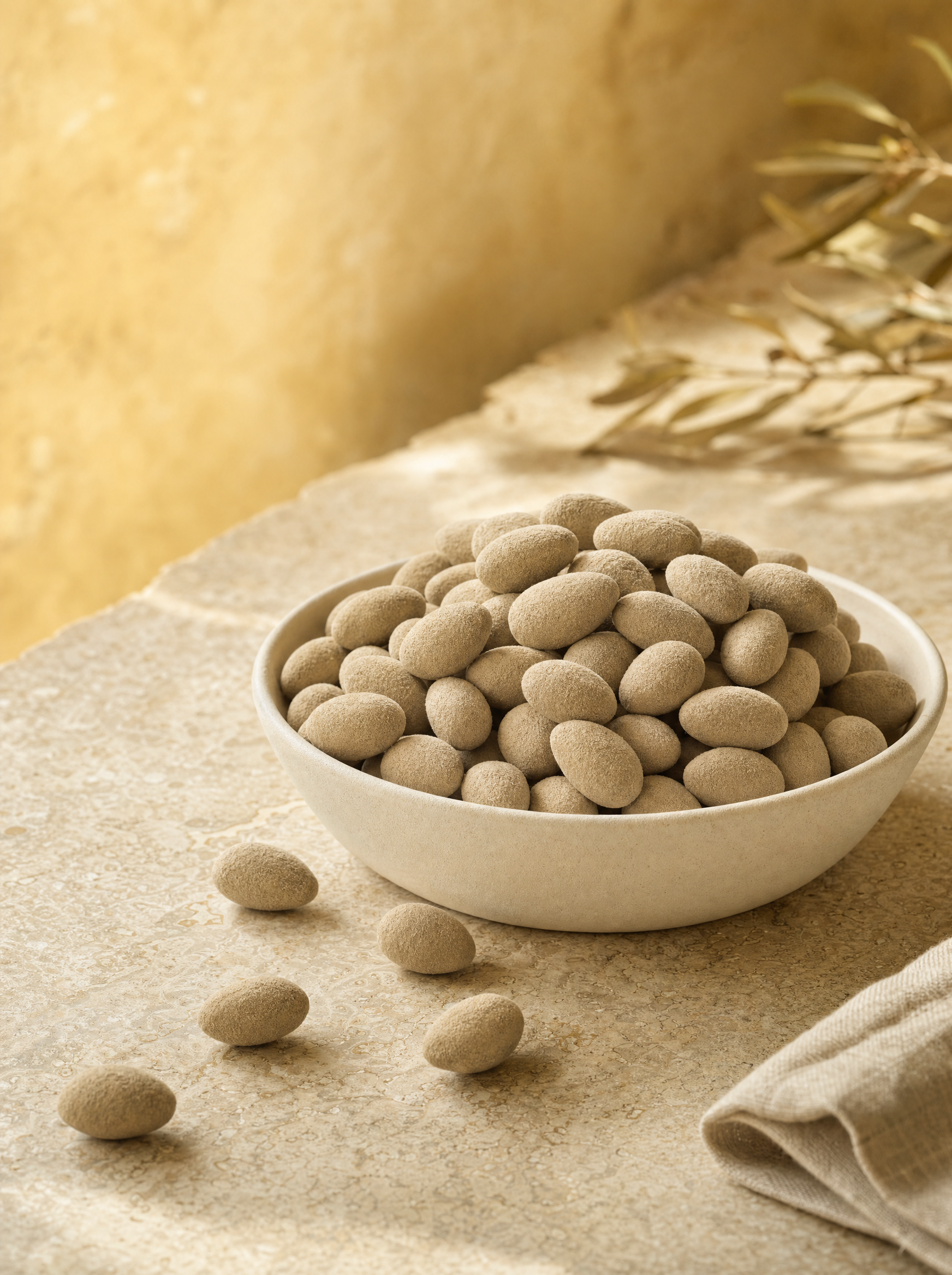 Amandes Wasabi beige-taupe servies dans une coupe claire