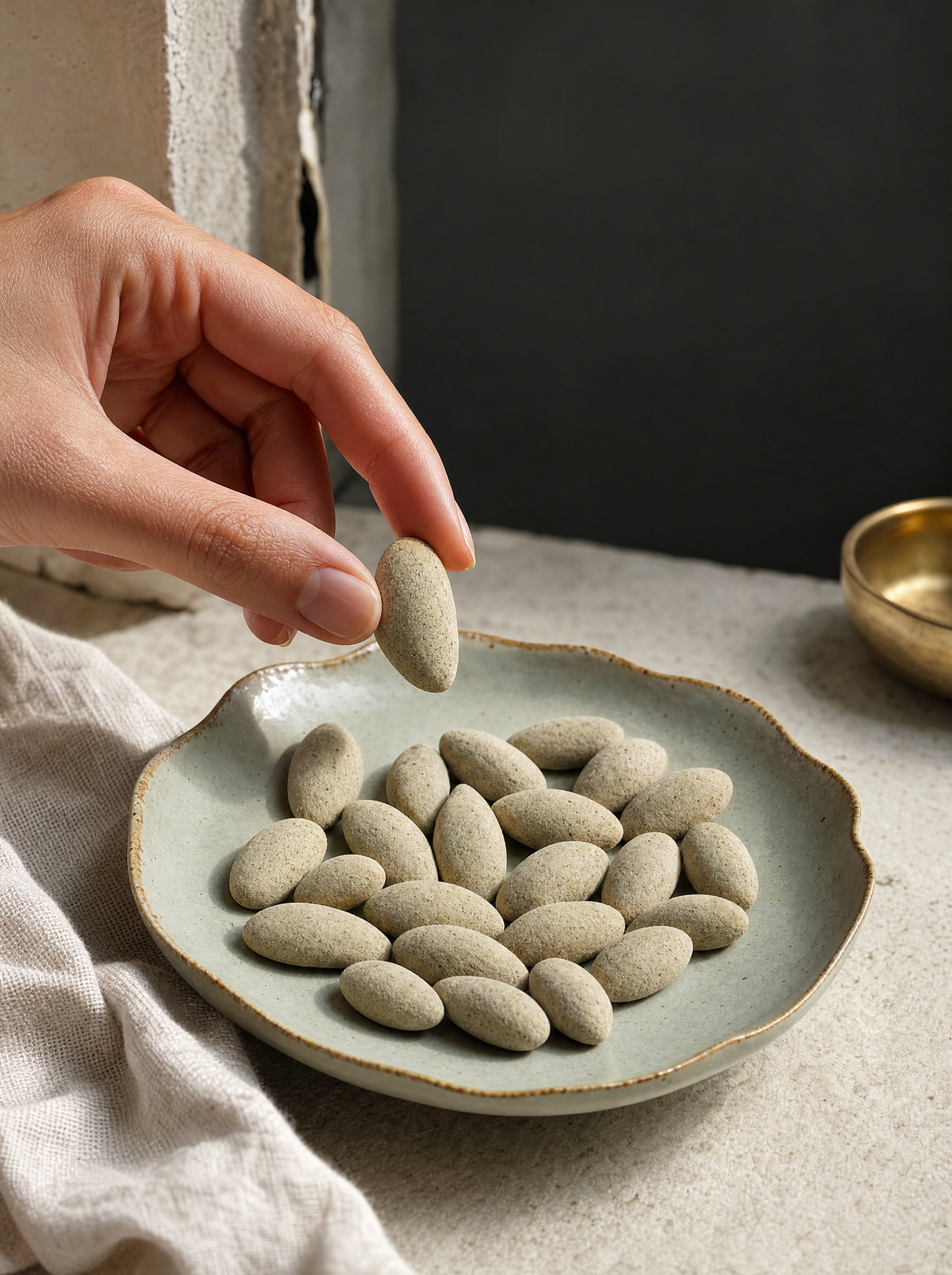 Amandes Wasabi beige-taupe présentées dans le creux de la main