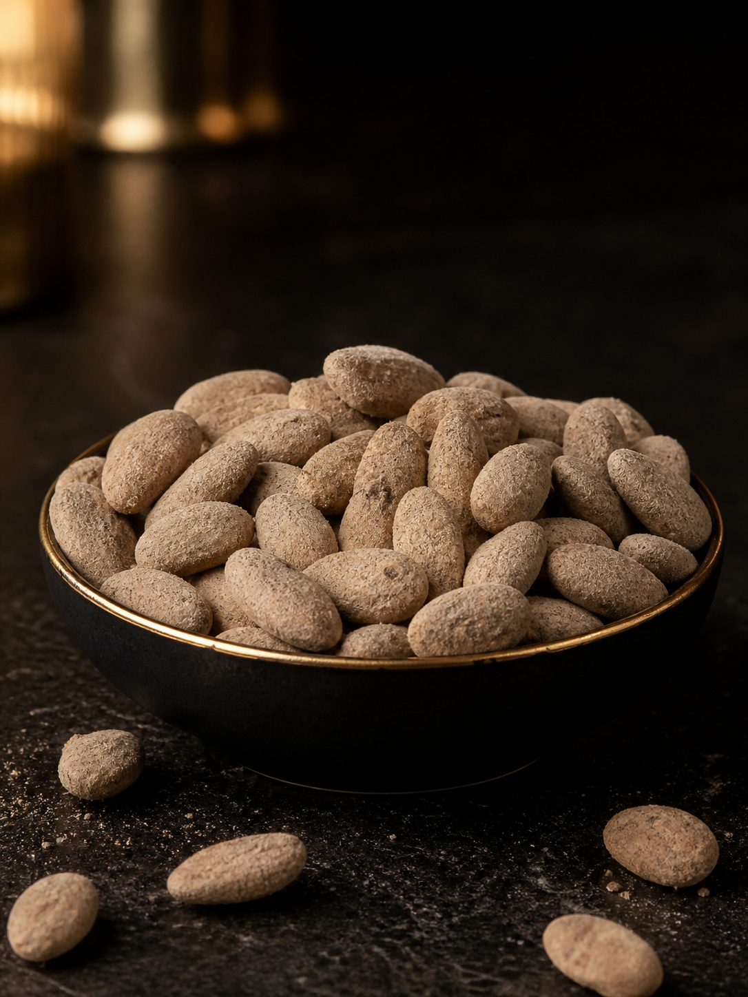 Amandes Wasabi beige-taupe servies dans un bol noir à fin liseré doré