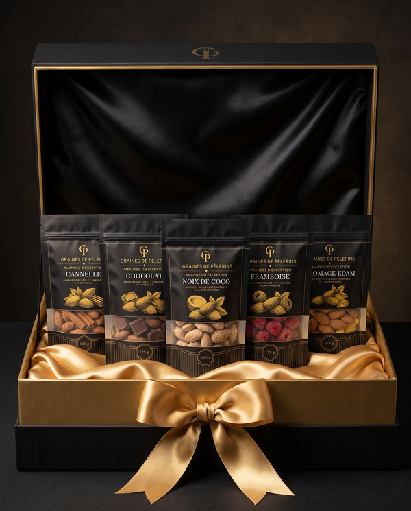 Coffret Amandes d'Exception · 5 Favoris Graines de Pèlerins · sachets rangés dans l'écrin ouvert