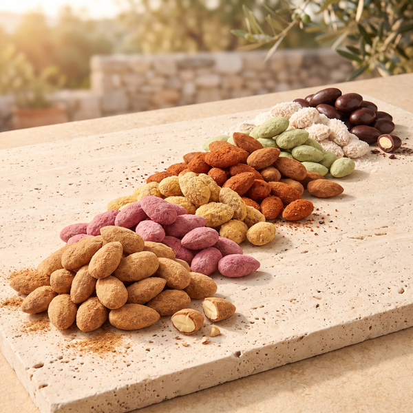 L'Intégrale 8 Saveurs, les 8 saveurs d'Amandes d'Exception Graines de Pèlerins en éventail doré sur pierre de travertin
