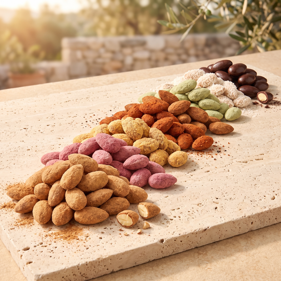 L'Intégrale 8 Saveurs, les 8 saveurs d'Amandes d'Exception Graines de Pèlerins en éventail doré sur pierre de travertin