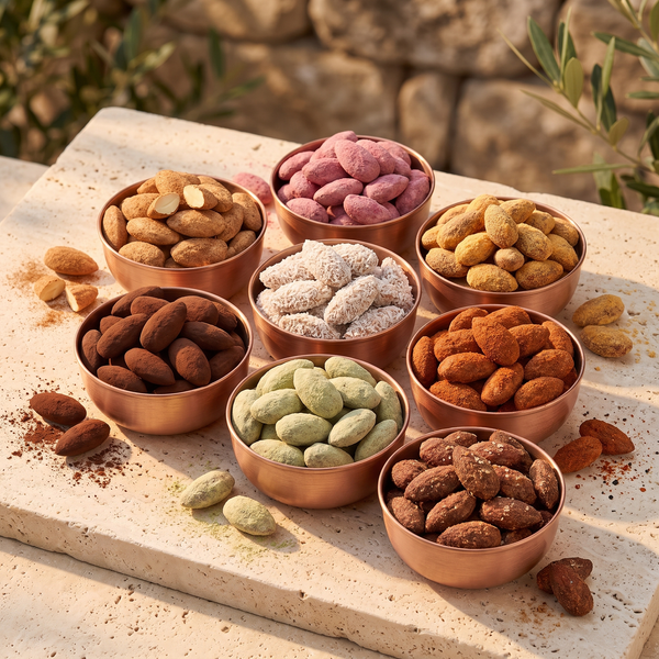 L'Intégrale 8 Saveurs, les 8 saveurs d'Amandes d'Exception Graines de Pèlerins présentées en coupelles de cuivre
