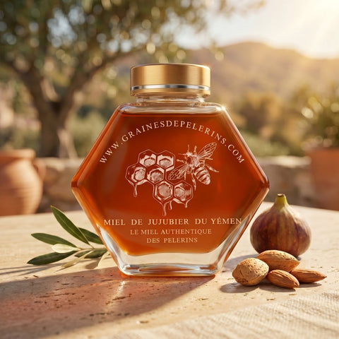 Miel de Jujubier du Yémen, pot 250g, écrin et cuillère, bouchon cuivre, ambiance d'été