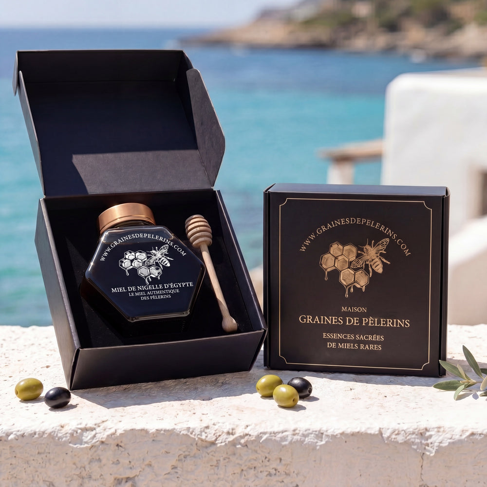Coffret Miel de Nigelle d'Egypte - pot 250g et ecrin cadeau, bouchon cuivre