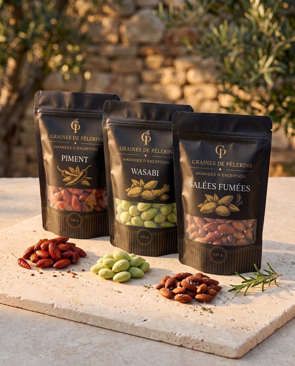 Trio Amandes d'Exception Salé et Épicé, sachets Piment, Wasabi et Salées Fumées, Graines de Pèlerins