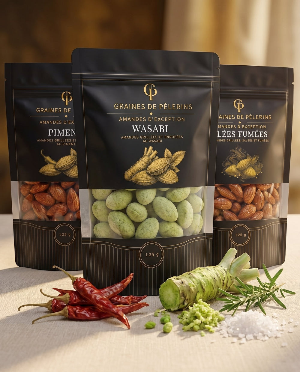 Trio Amandes d'Exception Salé et Épicé - Piment, Wasabi, Salées Fumées - Graines de Pèlerins