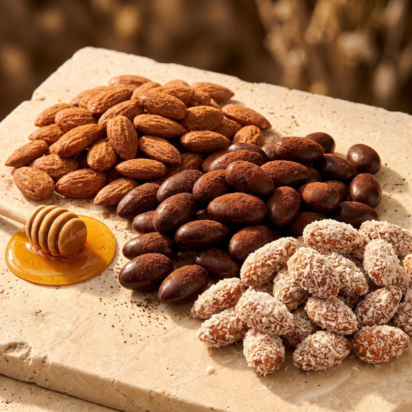 Trio Amandes Sucré, Cannelle, Chocolat et Noix de Coco étalées en coupelles, Graines de Pèlerins