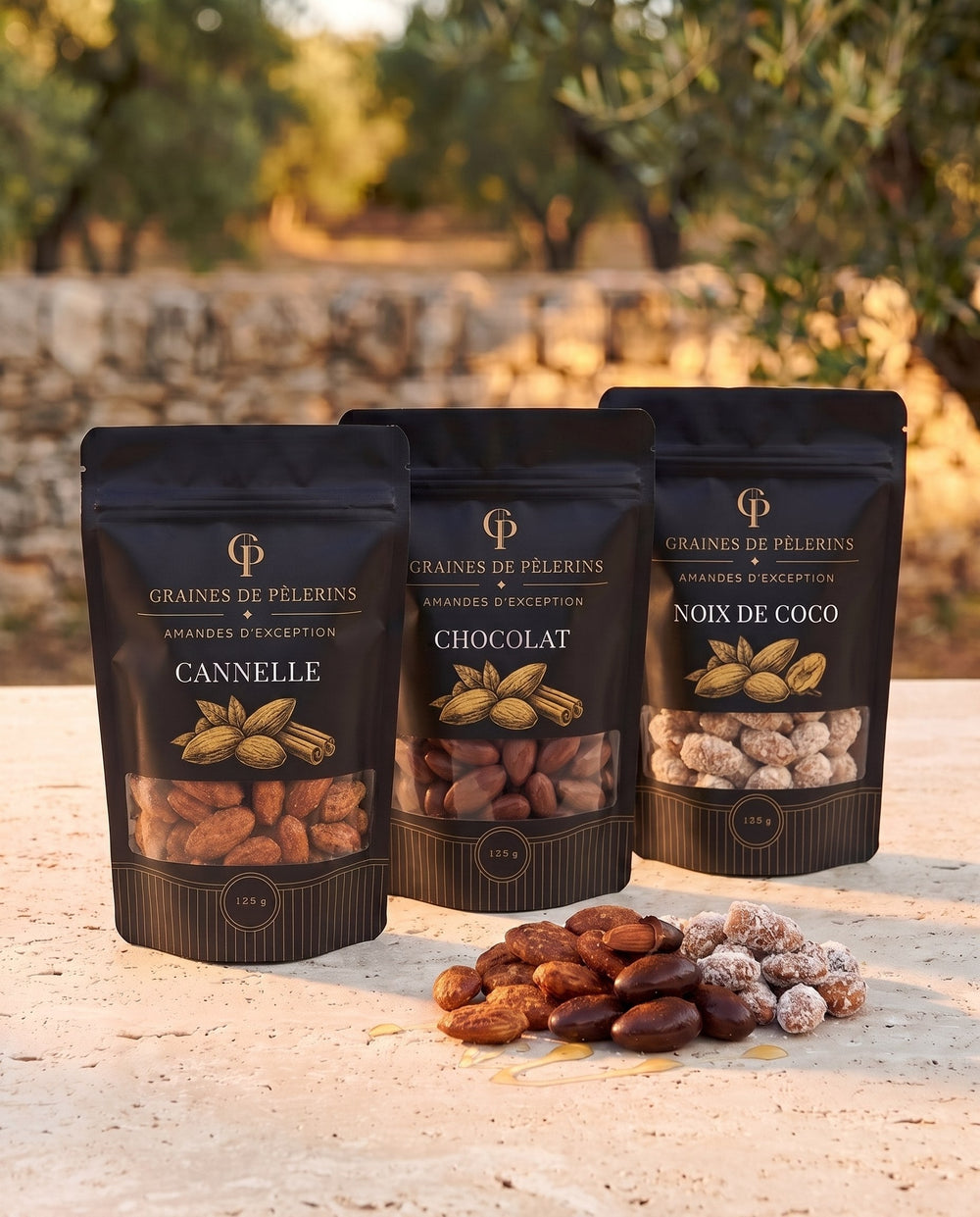 Trio Amandes d'Exception Sucré, sachets Cannelle, Chocolat et Noix de Coco, Graines de Pèlerins
