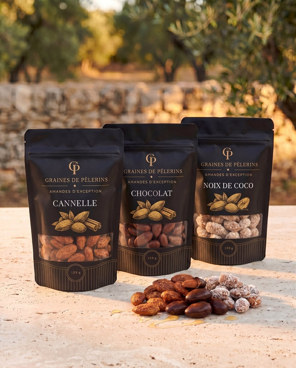 Trio Amandes d'Exception Sucré, sachets Cannelle, Chocolat et Noix de Coco, Graines de Pèlerins