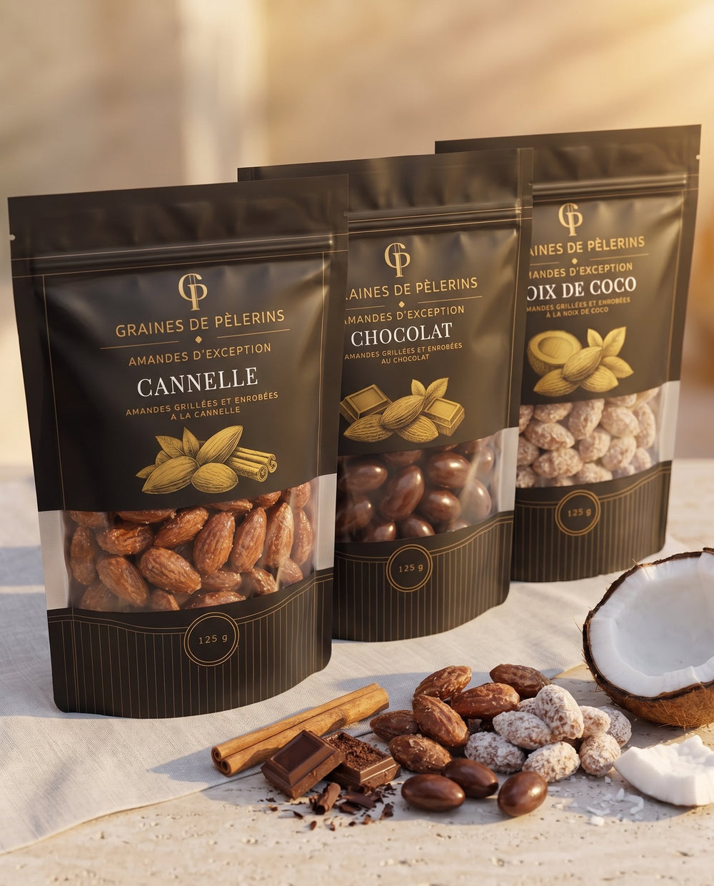Trio Amandes d'Exception Sucré - Cannelle, Chocolat, Noix de Coco - Graines de Pèlerins