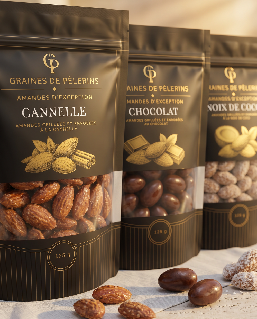 Trio Amandes d'Exception Sucré - détail rapproché des 3 sachets Cannelle, Chocolat, Noix de Coco - Graines de Pèlerins