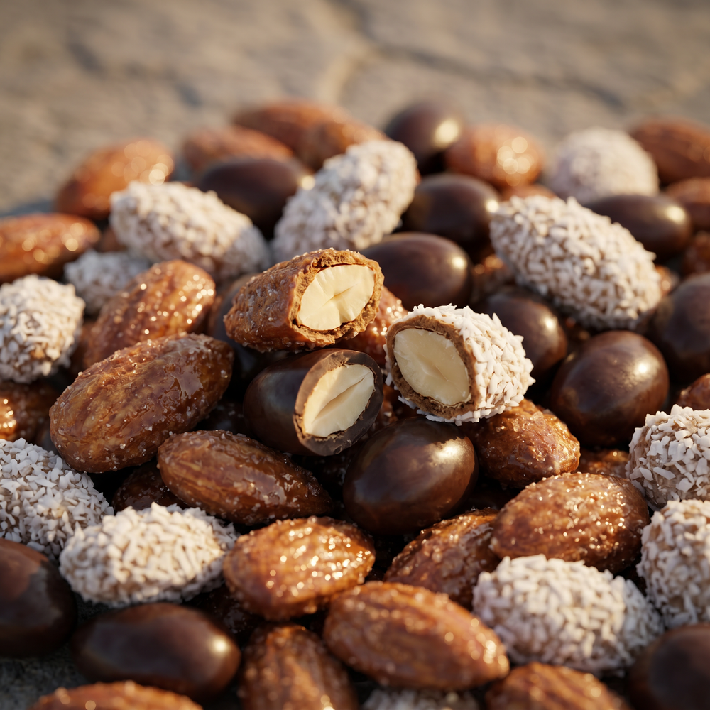 Amandes d'Exception Trio Sucré - zoom texture croquante Cannelle, Chocolat, Noix de Coco - Graines de Pèlerins