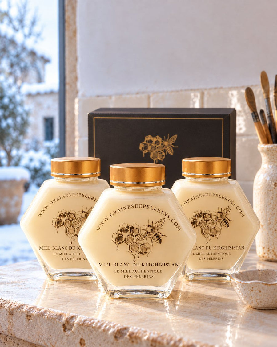Trois pots de Miel Blanc du Kirghizistan devant leur coffret, dans une lumière d’hiver.