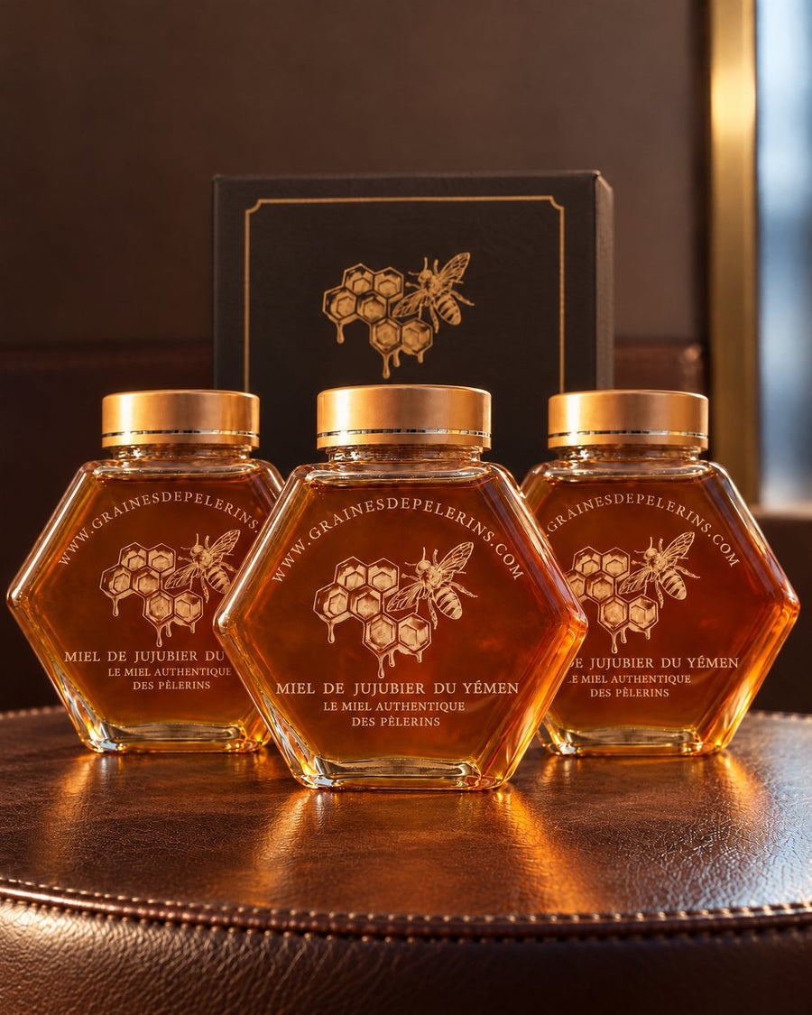 Trois pots de Miel de Jujubier du Yémen devant leur coffret noir et or.
